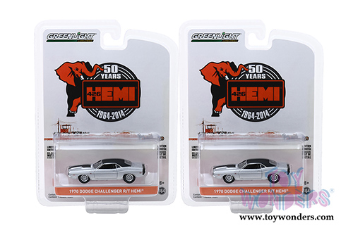 Greenlight - Anniversary Collection Series 9 | Dodge Challenger R/T HEMI&reg; - 426 HEMI&reg; 50 Years (1970, 1/64 scale diecast model car, Silver/Black) 28000B/48