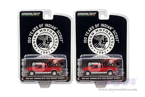 Greenlight - Anniversary Collection Series 13 | 1991 GMC Sonoma Extended Cab Pickup Truck with 1920 Indian&reg; Scout&reg; Motorcycle on Hitch Carrier - 100 Years of Indian Scout (1918-2018) (1/64 scale diecast model car, Red) 28080C/48