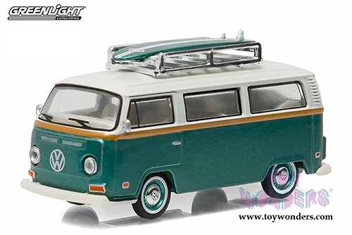 Greenlight - Volkswagen Type 2 Bus with Surf Board (1972, 1/64 scale diecast model car, Green w/White top) 29855/48