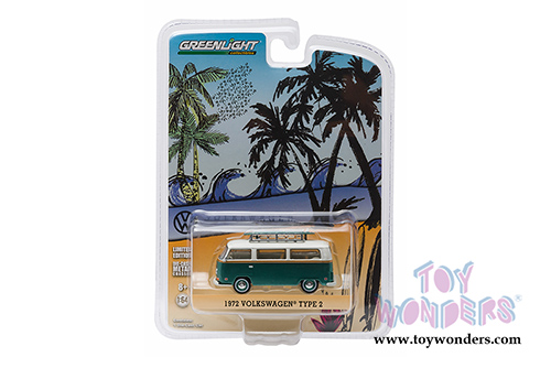 Greenlight - Volkswagen Type 2 Bus with Surf Board (1972, 1/64 scale diecast model car, Green w/White top) 29855/48