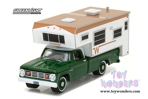 Greenlight - Dodge D-100 Green with Winnebago Slide in Camper (1967, 1/64 scale diecast model car, Green w/White) 29866