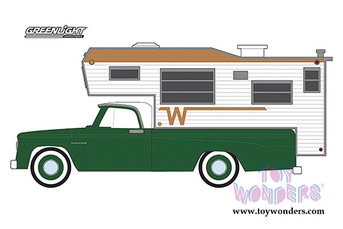 Greenlight - Dodge D-100 Green with Winnebago Slide in Camper (1967, 1/64 scale diecast model car, Green w/White) 29866