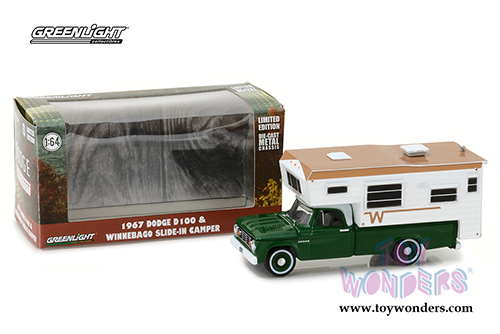 Greenlight - Dodge D-100 Green with Winnebago Slide in Camper (1967, 1/64 scale diecast model car, Green w/White) 29866