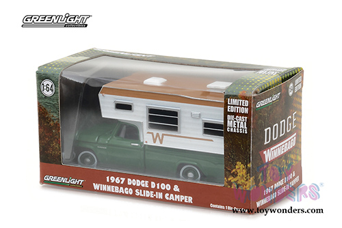 Greenlight - Dodge D-100 Green with Winnebago Slide in Camper (1967, 1/64 scale diecast model car, Green w/White) 29866