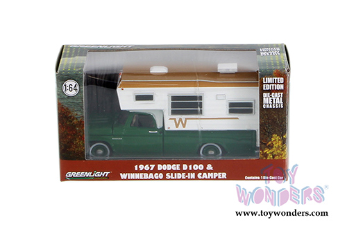 Greenlight - Dodge D-100 Green with Winnebago Slide in Camper (1967, 1/64 scale diecast model car, Green w/White) 29866