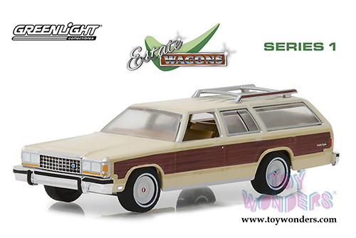 Greenlight - Estate Wagons Series 1 | Ford LTD Country Squire with Roof Rack and Wood Paneling (1985, 1/64 scale diecast model car, Cream) 29910F/48