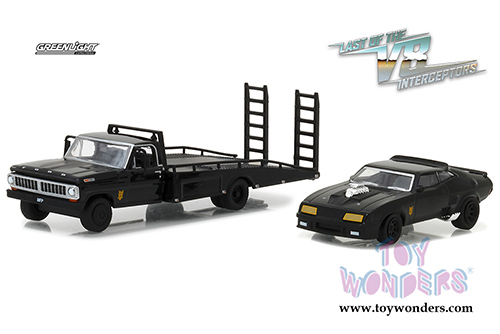 Greenlight Hollywood - Last of the V8 Interceptors (1979) 1972 Ford F-350 Ramp Truck with 1973 Ford Falcon XB (1972, 1973, 1/64 scale diecast model car, Black/White) 29925/48