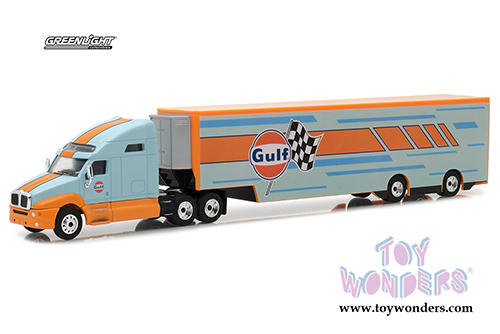 Greenlight - Gulf Oil | Kenworth T2000 Transporter (2017, 1/64 scale diecast model car, Light Blue/Orange) 29929