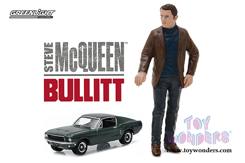Greenlight - Bullitt Steve McQueen's Ford Mustang GT & Steve McQueen Figure (1968, 1/64, 1/18 scale diecast model car, Green) 29931