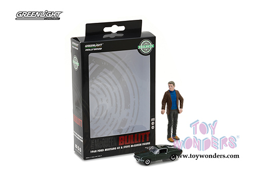 Greenlight - Bullitt Steve McQueen's Ford Mustang GT & Steve McQueen Figure (1968, 1/64, 1/18 scale diecast model car, Green) 29931