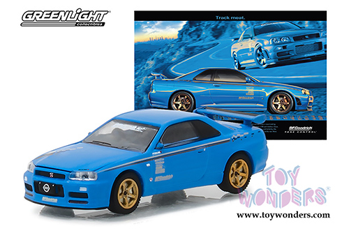 Greenlight - Nissan Skyline GT-R (BNR34) "Track Meat"  BFGoodrich Vintage Ad Car (2001, 1/64 scale diecast model car, Blue) 29944/48
