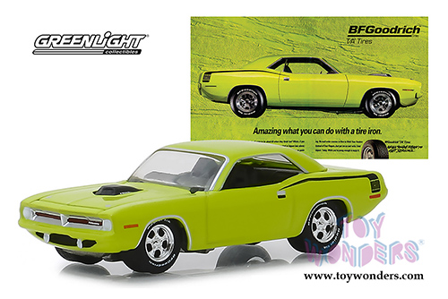 Greenlight - Plymouth HEMI&reg; Barracuda "Amazing What You Can Do with A Tire Iron" BFGoodrich Vintage Ad Car (1970, 1/64 scale diecast model car, Lime Green) 29977/48