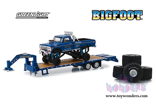 Greenlight - BIGFOOT&reg; #1 The Original Monster Truck Ford F-250 Pickup with Gooseneck Trailer and 66" Tires replacement set (1974, 1/64 scale diecast model car, Blue) 30054/48