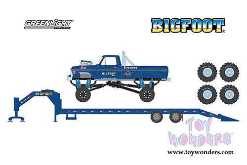 Greenlight - BIGFOOT&reg; #1 The Original Monster Truck Ford F-250 Pickup with Gooseneck Trailer and 66" Tires replacement set (1974, 1/64 scale diecast model car, Blue) 30054/48