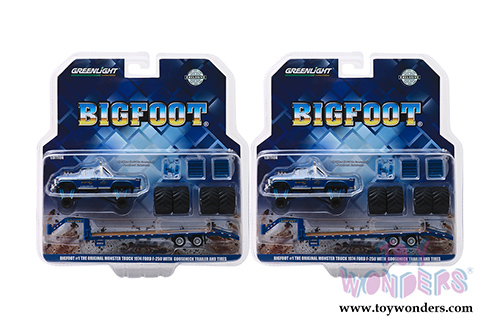 Greenlight - BIGFOOT&reg; #1 The Original Monster Truck Ford F-250 Pickup with Gooseneck Trailer and 66" Tires replacement set (1974, 1/64 scale diecast model car, Blue) 30054/48