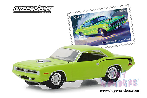 Greenlight - Plymouth HEMI&reg; 'Cuda United States Postal Service (USPS&reg;) 2013 Stamps (1970, 1/64 scale diecast model car, Lime Green) 30069/48