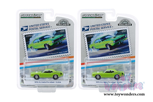 Greenlight - Plymouth HEMI&reg; 'Cuda United States Postal Service (USPS&reg;) 2013 Stamps (1970, 1/64 scale diecast model car, Lime Green) 30069/48