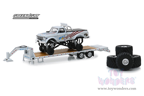 Greenlight - Chevrolet&reg; K-10 "USA-1" Monster Truck on Gooseneck Trailer with Regular and 66" Tires replacement set (1970, 1/64 scale diecast model car, White) 30101/24