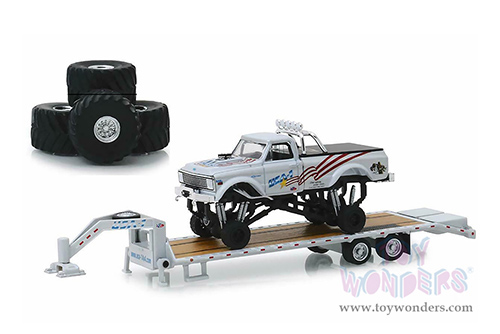 Greenlight - Chevrolet&reg; K-10 "USA-1" Monster Truck on Gooseneck Trailer with Regular and 66" Tires replacement set (1970, 1/64 scale diecast model car, White) 30101/24