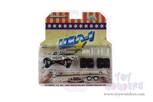 Greenlight - Chevrolet&reg; K-10 "USA-1" Monster Truck on Gooseneck Trailer with Regular and 66" Tires replacement set (1970, 1/64 scale diecast model car, White) 30101/24