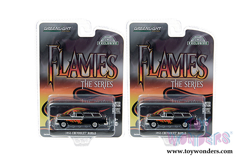 Greenlight - Flames the Series - Chevrolet&reg; Nomad (1955, 1/64 scale diecast model car, Black/w Flames) 30117/48