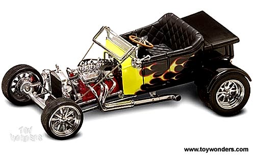 Yatming Shyne Rodz - Ford T-Bucket Convertible w/ Top Down (1925, 1/18 scale diecast model car, Black w/ Flames) 30118