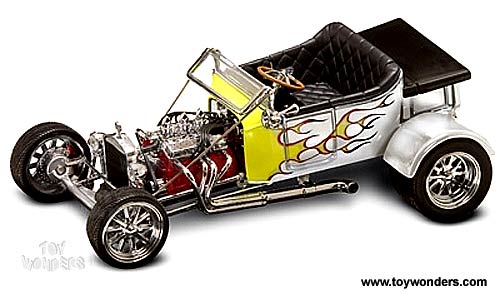 Yatming Shyne Rodz - Ford T-Bucket Convertible w/ Top Down (1925, 1/18 scale diecast model car, White w/ Flames) 30118