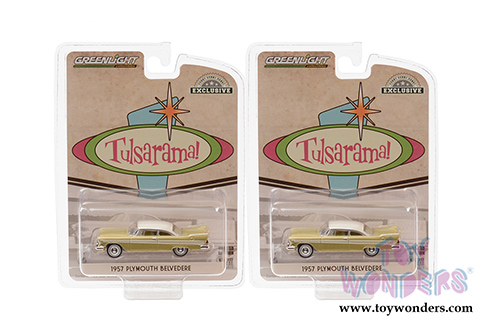 Greenlight - Plymouth Belvedere Tulsa, Oklahoma "Tulsarama" 1957 Underground Vault (1957, 1/64 scale die cast model car, Desert Gold/Sand Dune White) 30157/48