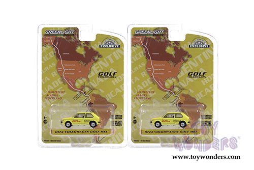 Greenlight - Volkswagen Golf Mk1 - Hartetest Alaska-Feuerland Alaska, USA to Tierra Del Fuego, Argentina Car #2 (1974, 1/64 scale diecast model car, Yellow) 30239/48
