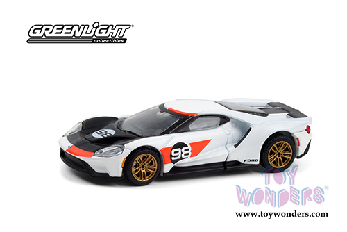 Greenlight - Ford GT Heritage Edition | 2021 Ford GT #98 Tribute to Ford MKII Ken Miles and Lloyd Ruby 1966 24 Hours of Daytona (2021, 1/64 scale diecast model car, White/Orange) 30244/48