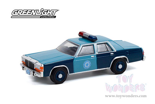 Greenlight - Ford LTD Crown Victoria - Massachusetts State Police - 1982 Sam Melville/Jonathan Jackson Unit Shootout, North Attleboro, Massachusetts (1981, 1/64 scale diecast model car, Black/Blue) 30289/48