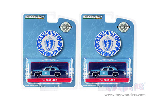 Greenlight - Ford LTD Crown Victoria - Massachusetts State Police - 1982 Sam Melville/Jonathan Jackson Unit Shootout, North Attleboro, Massachusetts (1981, 1/64 scale diecast model car, Black/Blue) 30289/48