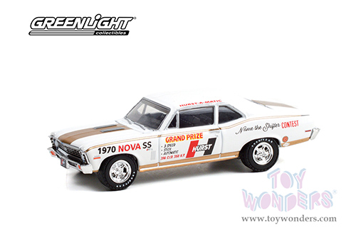Greenlight - Chevrolet&reg; Nova SS 54th International 500 Mile Sweepstakes Hurst Performance 'Grand Prize' Car (1970, 1/64 scale diecast model car, White/Gold) 30305/48