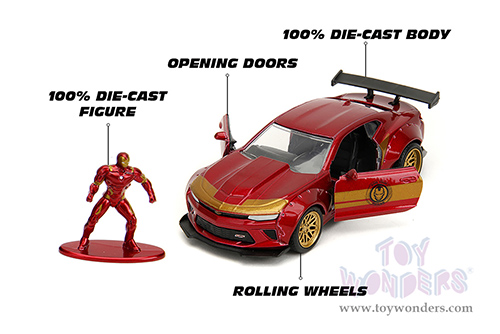Jada Toys - Hollywood Rides | Marvel Avengers Chevrolet® Camaro® with Iron Man Diecast Figure (2016, 1/32 scale diecast model car, Red/Gold) 30309