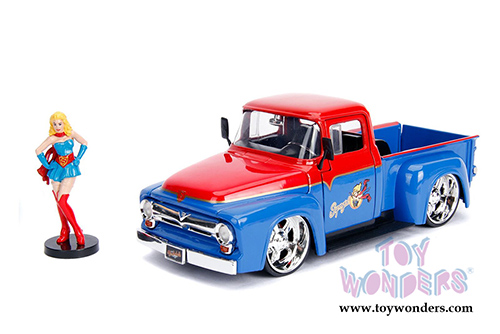 Jada Toys - Metals Die Cast | DC Comics Bombshells - Ford F-100 Pickup Truck with Supergirl&trade; Diecast Figure (1956, 1/24, diecast model toy, Red/Blue) 30454