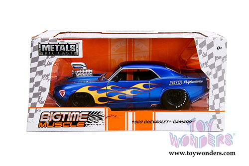 Jada Toys - Metals Die Cast | Big Time Muscle Chevrolet&reg; Camaro&reg; with engine Blower (1969, 1/24 scale diecast model car, Candy Blue/Yellow Flames) 30708