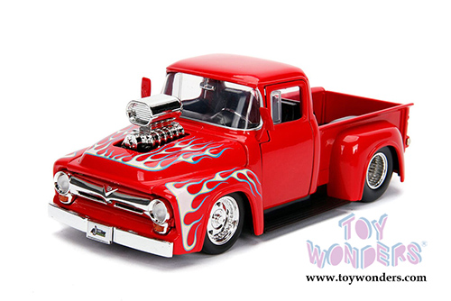 Jada Toys - Metals Die Cast | Just Trucks Ford F-100 Pickup Truck with engine Blower (1956, 1/24 scale diecast model car, Glossy Red w/Flames) 30715