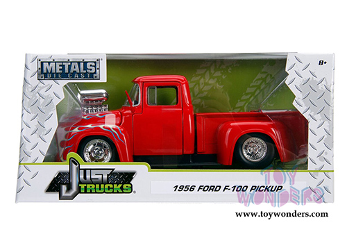 Jada Toys - Metals Die Cast | Just Trucks Ford F-100 Pickup Truck with engine Blower (1956, 1/24 scale diecast model car, Glossy Red w/Flames) 30715