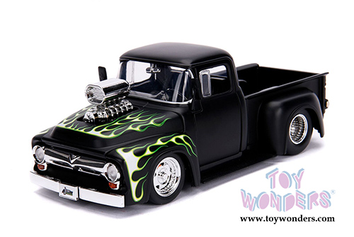 Jada Toys - Metals Die Cast | Just Trucks Ford F-100 Pickup Truck with engine Blower (1956, 1/24 scale diecast model car, Primer Black w/Flames) 30716