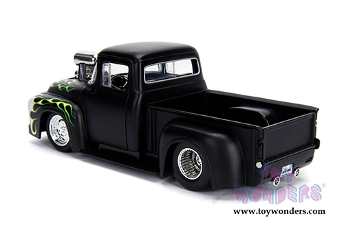 Jada Toys - Metals Die Cast | Just Trucks Ford F-100 Pickup Truck with engine Blower (1956, 1/24 scale diecast model car, Primer Black w/Flames) 30716