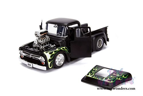 Jada Toys - Metals Die Cast | Just Trucks Ford F-100 Pickup Truck with engine Blower (1956, 1/24 scale diecast model car, Primer Black w/Flames) 30716