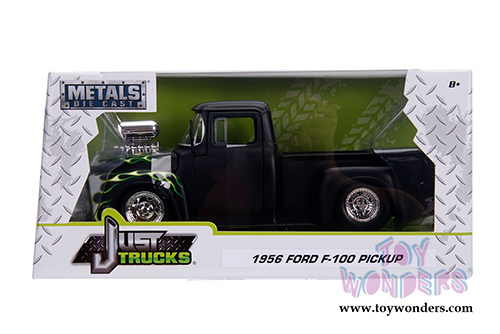 Jada Toys - Metals Die Cast | Just Trucks Ford F-100 Pickup Truck with engine Blower (1956, 1/24 scale diecast model car, Primer Black w/Flames) 30716