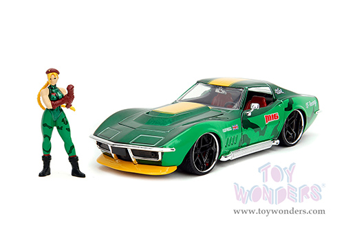 Jada Toys - Hollywood Rides | Chevrolet® Corvette™ with Cammy Diecast Figure "Street Fighter" (1969, 1/24, diecast model car, Green/Yellow stripe) 30837