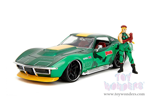 Jada Toys - Hollywood Rides | Chevrolet® Corvette™ with Cammy Diecast Figure "Street Fighter" (1969, 1/24, diecast model car, Green/Yellow stripe) 30837