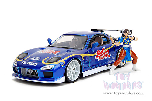 Jada Toys - Hollywood Rides | Mazda RX-7 with Chun-Li Diecast Figure "Street Fighter" (1993, 1/24, diecast model car, Blue) 30838