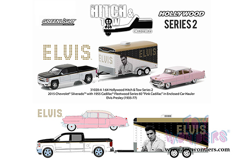 Greenlight - Hollywood Hitch & Tow Series 2 | Elvis - 2015 Chevrolet Silverado with 1955 Cadillac Fleetwood Series 60 "Pink Cadillac" and Enclosed Car Hauler (1/64 scale diecast model car, asstd.) 31020A