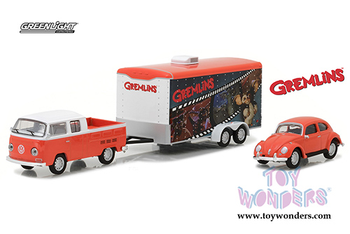 Greenlight - Hollywood Hitch & Tow Series 3 | Gremlins Volkswagen T2 Type 2 Double Cab with 1967 Volkswagen Beetle in Enclosed Car Hauler (1970, 1/64 scale diecast model car, Orange w/White) 31030A/24