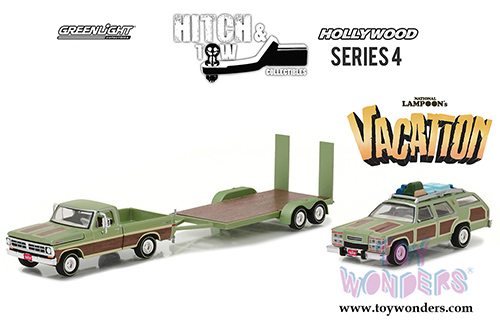 Greenlight - Hollywood Hitch & Tow Series 4 | 1972 Ford F-100 with 1979 Family Truckster Wagon Queen on Flatbed Trailer "National Lampoon's Vacation" Movie (1/64 scale diecast model car, Green) 31040A/24