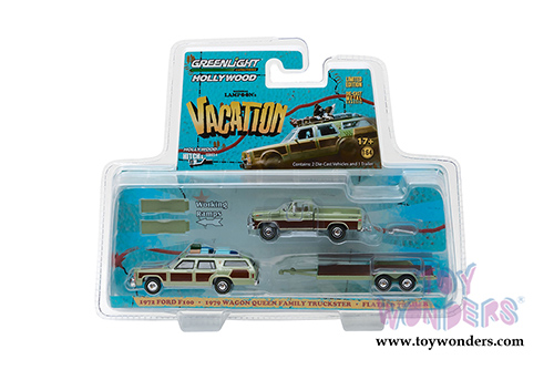 Greenlight - Hollywood Hitch & Tow Series 4 | 1972 Ford F-100 with 1979 Family Truckster Wagon Queen on Flatbed Trailer "National Lampoon's Vacation" Movie (1/64 scale diecast model car, Green) 31040A/24