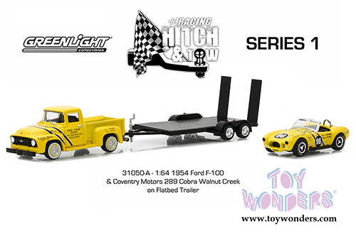 Greenlight - Racing Hitch & Tow Series 1 | 1954 Ford F-100 and Coventry Motors 289 Cobra Walnut Creek on Flatbed Trailer (1/64 scale diecast model car, Yellow/Black) 31050A/24